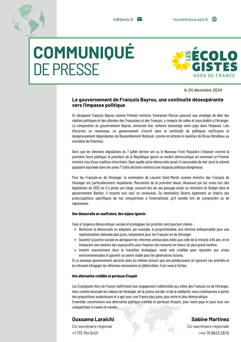 Communiqué des Écologistes Hors de France <a href="/EELVHorsFrance/">Les Écologistes - EELV Hors de France</a> 👇
Les nominations des membres du gouvernement #Bayrou s’inscrivent dans la continuité d’un déni de démocratie qui nous mène dangereusement vers une impasse démocratique.