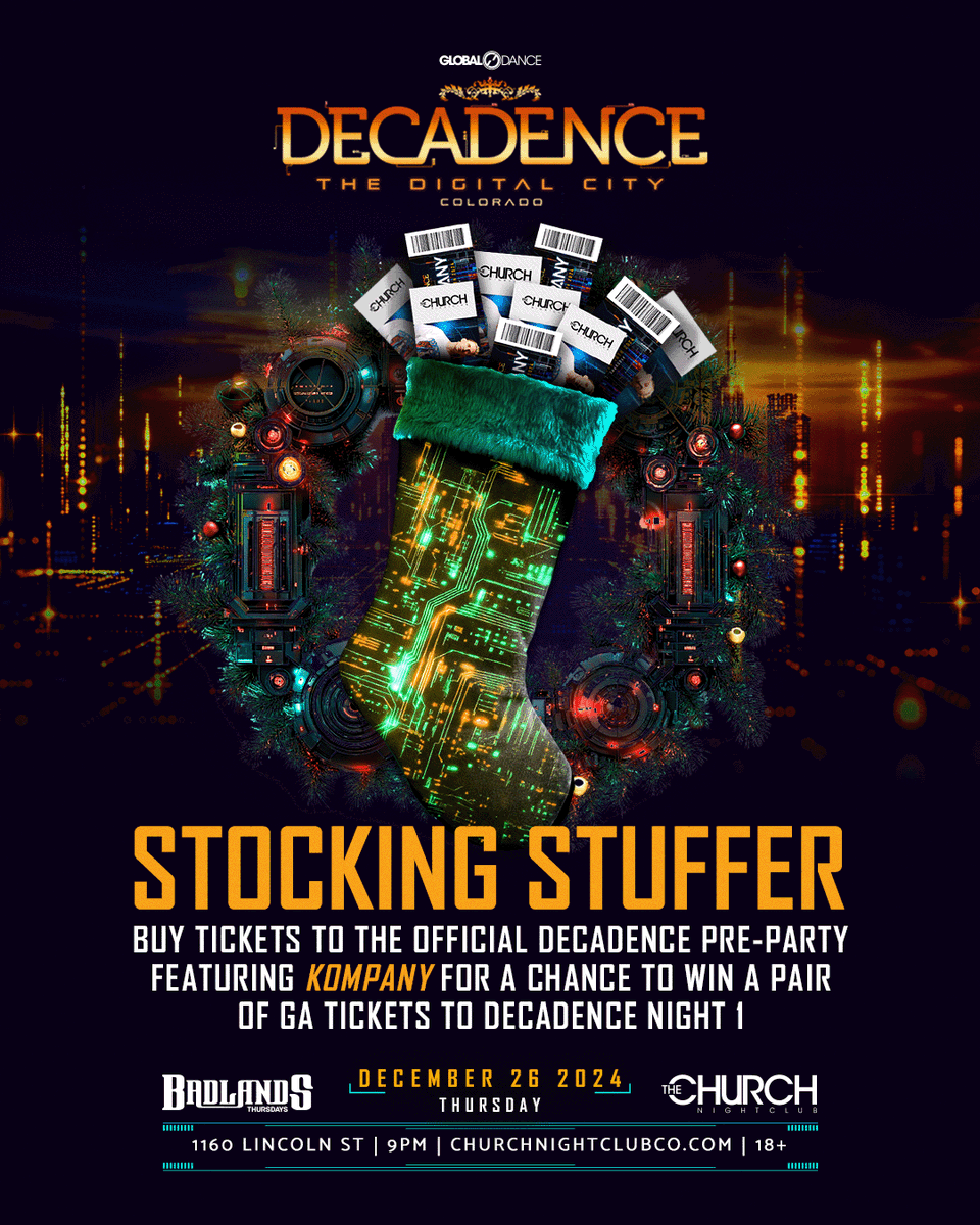 DecadenceNYE's tweet photo. It's time to stuff your stockings this holiday season! We're hooking up one lucky with a pair of tickets to Night 1 of Decadence! How do you enter? Just purchase a ticket to the official Decadence Pre-Party with @Kompanymusic at @ChurchNightClub this Thursday, December 26th and you'll automatically be entered for a chance to win 🎊

All previously purchased tickets eligible as well, happy holidays and we'll see you in the Digital City 😝 Buy your Kompany tickets here ⏩ https://t.co/Vkc053EasI