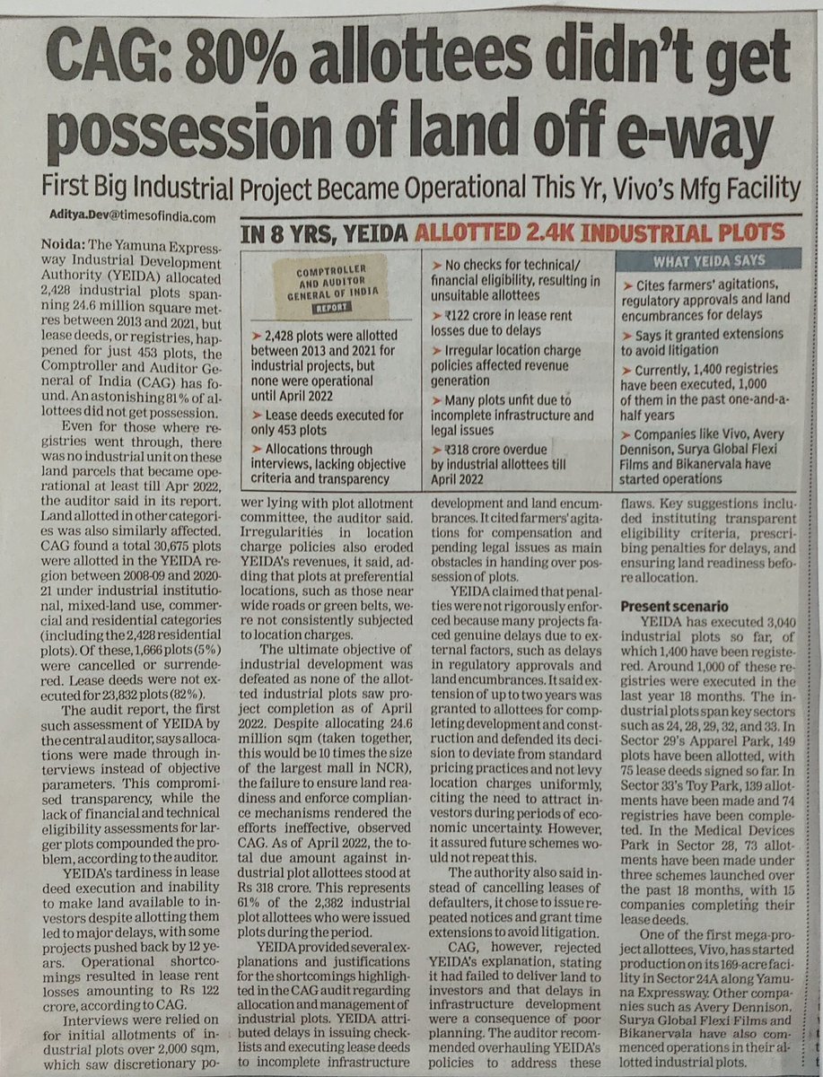 #CAG: 80% of allottees did not get possession of land off #Yamunaexpressway #Noida #NoidaAuthority