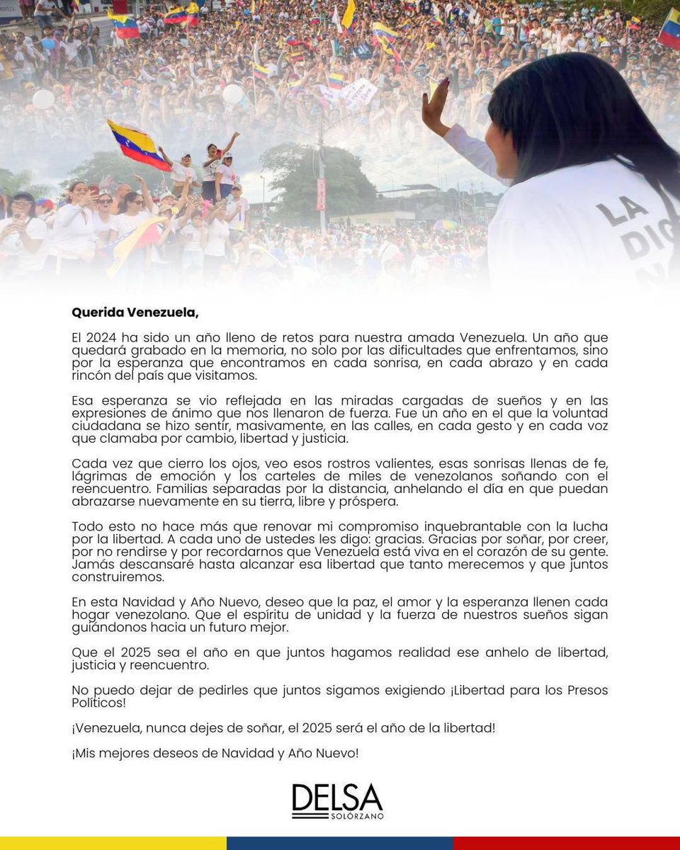 Que el nacimiento del Niño Dios represente la llegada de la Venezuela libre.
A cada familia separada, le deseo un pronto y afectuoso abrazo, a cada preso político, que en breve pueda estar con sus familiares. 
Que cada puesto vacío en sus mesas, pronto esté ocupado. 
A toda