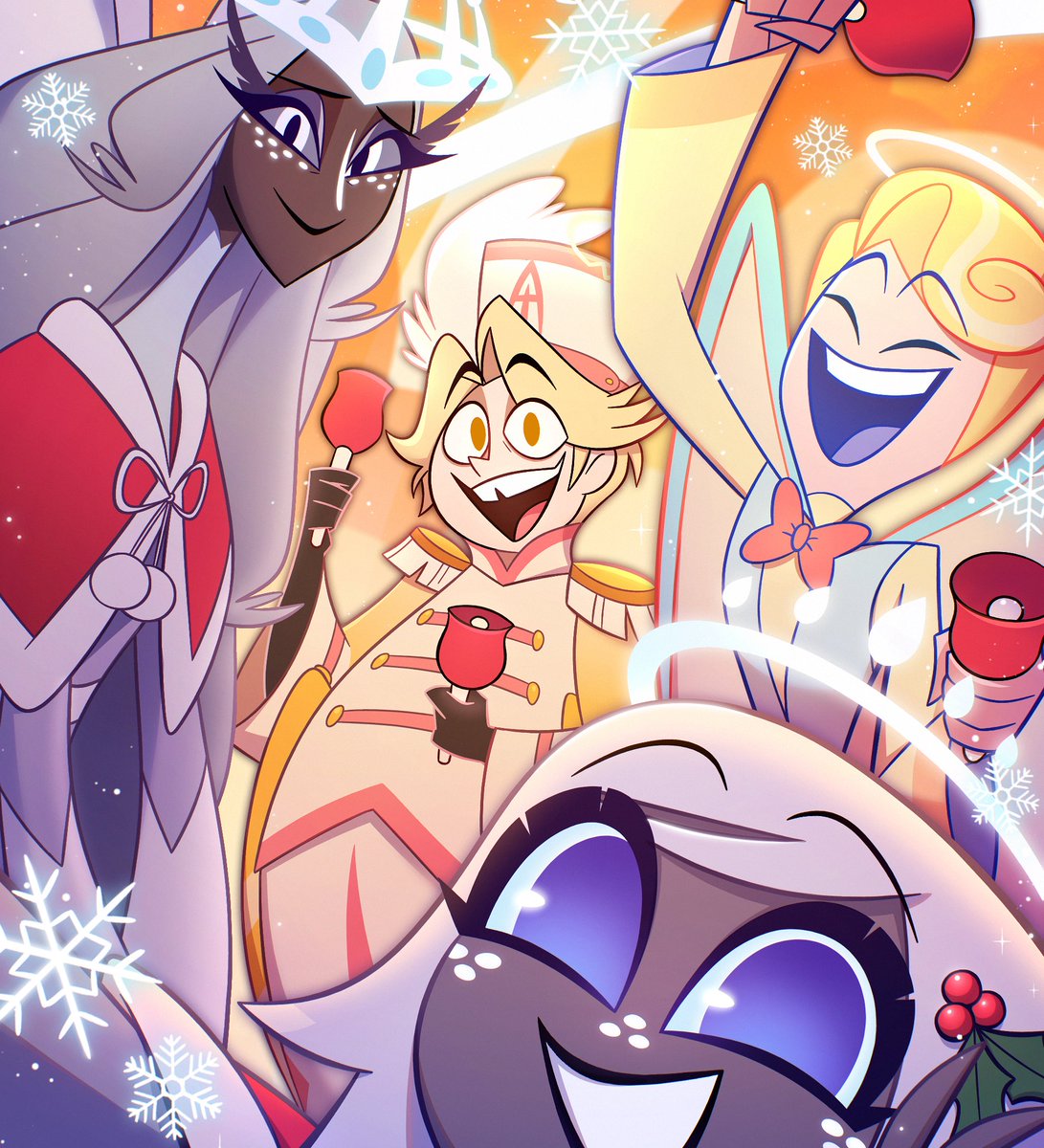 HazbinHotel's tweet image. Happy Holidays from our favorite angelic carolers, Sera, Peter, Emily…and Abel! 🎄🔔