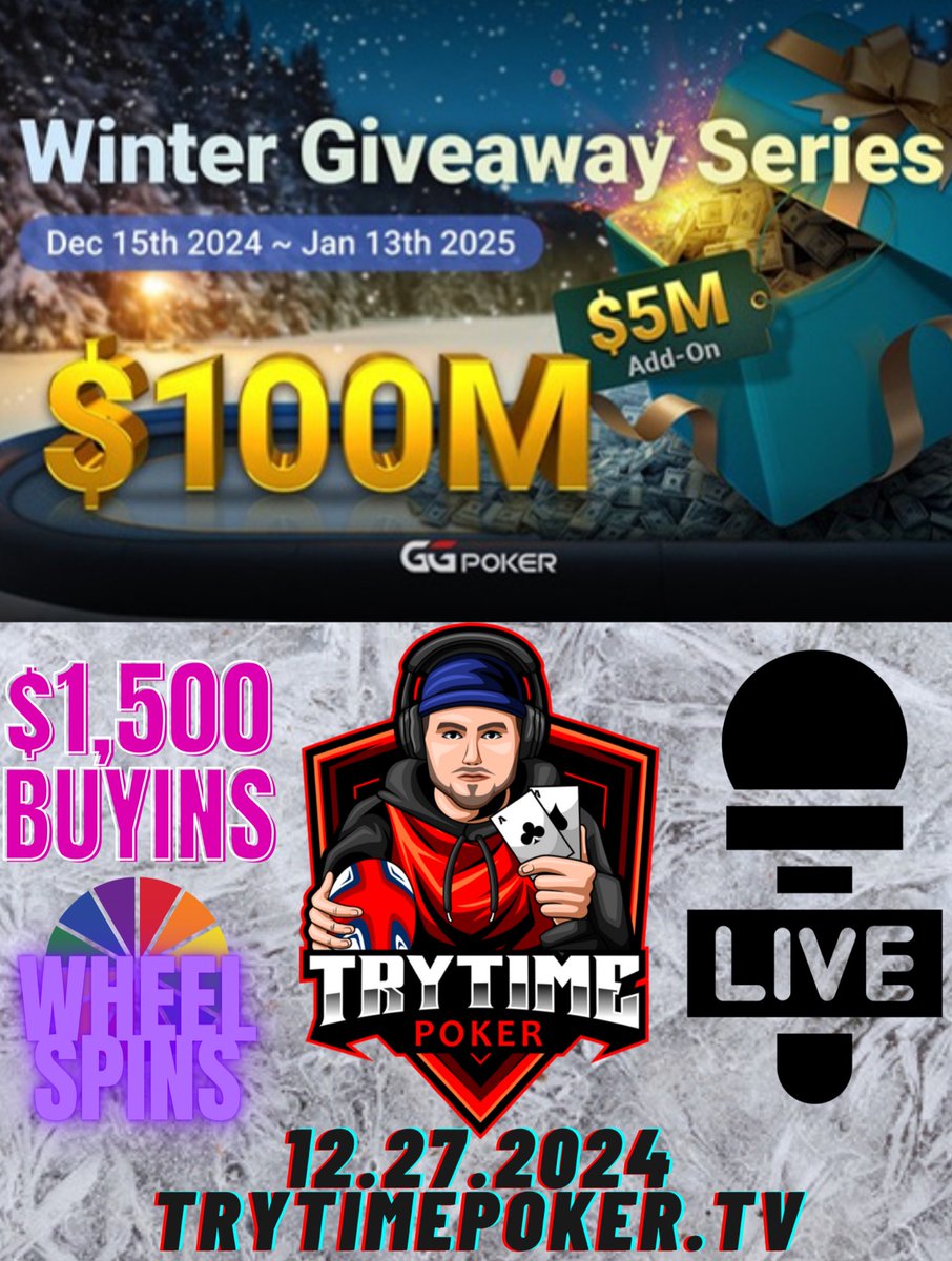 TryTimePoker's tweet photo. ❤️Like /🐥 Repost/ ✍️Comment 
#Giveaway
🎁2 x $25 @GGPoker 

🏪24hr Stream? 🌍Where is TryTime Now?!
Signup Now for the Giveaways 
👇
https://t.co/oEwRprxi9p
Code “TeamCanadaRyan”

Shot take of the year
 $1,500 buyins
⭐️WHEEL SPIN #Giveaways on Stream
#GGPoker #WinterGiveaway2024 https://t.co/a3ZgxhwMeY