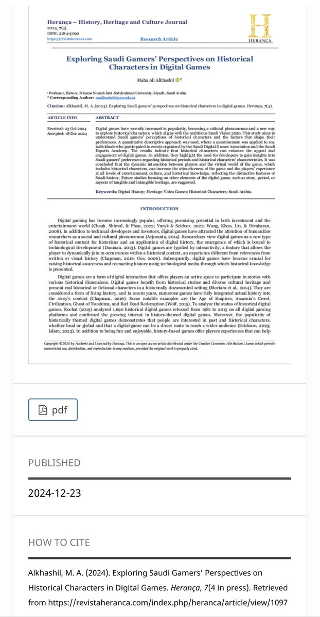 الحمدلله الذي بنعمته تتم الصالحات
شغف بدأ بلعبة🎮وانتهى بنشر بحث جديد✍️⭐️
#التاريخ_الرقمي فرص واعدة للمؤرخ والمجتمع 
كل الشكر <a href="/SaudiDGA/">جمعية الألعاب الرقمية</a> م.حسين جريبي<a href="/ALJuribi/">Hussain Juribi</a> وم.ليلى البابطين <a href="/LaylaAbdurhman/">ليلى عبدالرحمن</a> على الدعم غير المحدود والشكر موصول <a href="/SEAcademy_/">الأكاديمية السعودية للرياضات الإلكترونية</a> 
<a href="/Saudi_Esports/">الاتحاد السعودي للرياضات الإلكترونية</a> 
revistaheranca.com/index.php/hera…