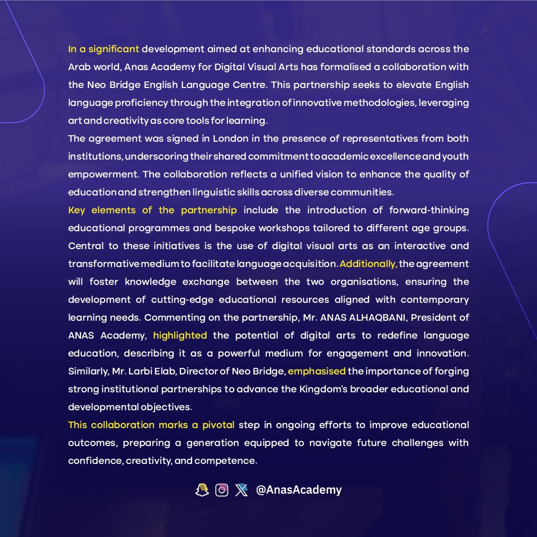 NeobridgeC's tweet photo. A Vision for Education: 
@AnasAcademy and Neo Bridge Unite to Advance Language Learning Through Creativity.

#NeoBridge
#AnasAcademy https://t.co/RyDILj8TSH