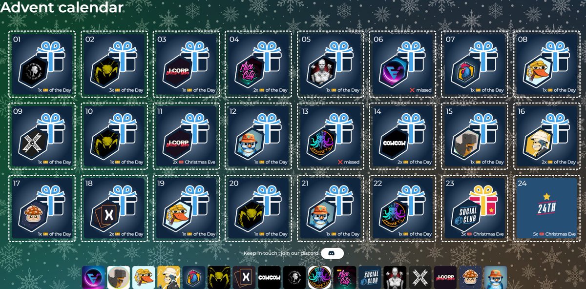 NFT Social Club (@nft_social_club) on Twitter photo Today was the last draw for 2024!!
🎟️ 3400 tickets distributed
96 accounts participated.
🎁 280 prizes offered to our lovely community!!
Thanks to our partners to make it possible.
<a href="/xKingNFTx/">xKingNFTx 🐙👑</a> <a href="/xAntsGame/">xAntsGame</a> <a href="/kwakdotlol/">KWAK</a> <a href="/evcyborgs/">E.V Cyborgs</a> <a href="/TheDinoVox/">DinoVox</a> <a href="/xCards_/">xCards</a>
Merry Christmas all Today was the last draw for 2024!!
🎟️ 3400 tickets distributed
96 accounts participated.
🎁 280 prizes offered to our lovely community!!
Thanks to our partners to make it possible.
<a href="/xKingNFTx/">xKingNFTx 🐙👑</a> <a href="/xAntsGame/">xAntsGame</a> <a href="/kwakdotlol/">KWAK</a> <a href="/evcyborgs/">E.V Cyborgs</a> <a href="/TheDinoVox/">DinoVox</a> <a href="/xCards_/">xCards</a>
Merry Christmas all