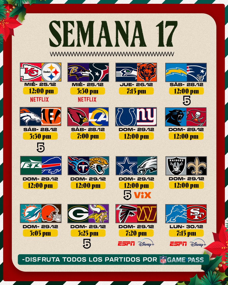 nflmx's tweet photo. ¡SEMANA 17 DE NFL NAVIDEÑO! 🎄🏈

Llegó la penúltima semana de la temporada con un regalo navideño único: 5 días de NFL con partidazos para disfrutar como nunca la navidad, ¿preparados? 🎅🥳

📺📲: @NetflixLAT / @TUDNMEX por @VIX y @MiCanal5 / @ESPNmx / @disneyplusla 

#NFLMX https://t.co/1OcbQTSbB8