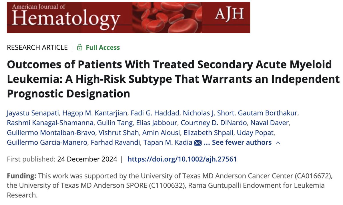 Jayastu Senapati (@jayastumd) on Twitter photo ➡️ Check out our manuscript just published in <a href="/AjHematology/">AmericanJournalofHematology</a> on Treated Secondary-AML: 673 patients, largest reported cohort
🔴 High-risk subtype: outcomes dismal, even in rare patients with fav genomics ✅ Warrants an independent prognostic designation
🔵 Ven improves outcomes in ➡️ Check out our manuscript just published in <a href="/AjHematology/">AmericanJournalofHematology</a> on Treated Secondary-AML: 673 patients, largest reported cohort
🔴 High-risk subtype: outcomes dismal, even in rare patients with fav genomics ✅ Warrants an independent prognostic designation
🔵 Ven improves outcomes in