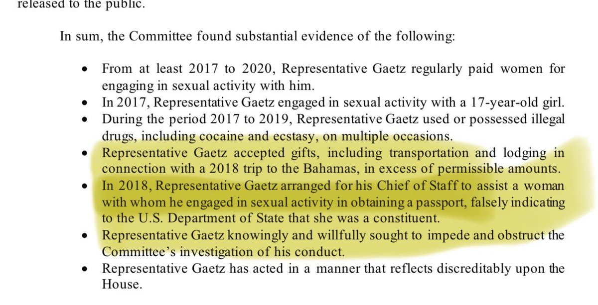 RayBake's tweet photo. It's not "just" the rape and the drug use the @HouseGOP tried to cover up for Matt Gaetz, it's also his acceptance of inappropriate gifts, misuse of public office, and obstruction of justice. 

@RepAshleyHinson, @RepMMM, @RepFeenstra, and @ZachNunn were willing to hide this shit. https://t.co/w80I7UaPgC