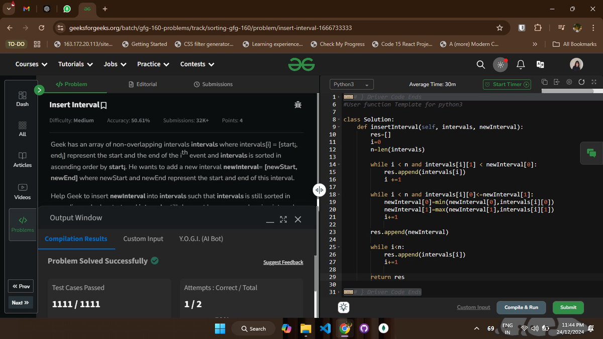 SrustikaM's tweet photo. 🌟 Day 25 of #geekstreak2024 🚀
 Challenge: Insert Interval 🔗
🔍 Task: Insert a new interval into a sorted array of non-overlapping intervals, ensuring the array remains sorted and non-overlapping.

#gfg160
@geeksforgeeks https://t.co/7Bb8aIxJWU