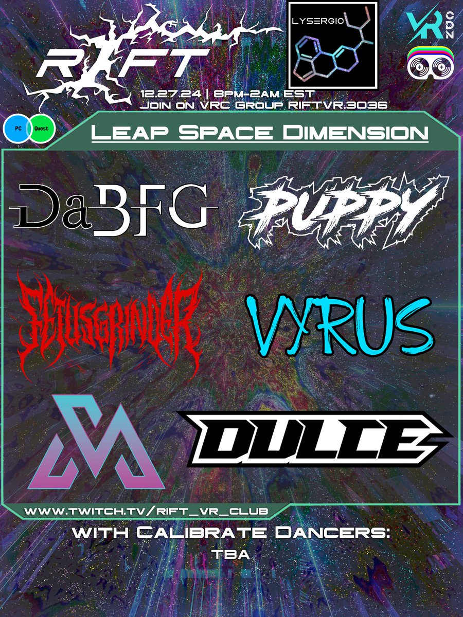 RIFT_VR_Club's tweet photo. We are having a Nexus Event with @CENG_VRC this Friday at 8PM EST! Come swing by as their world collides with our own as we enjoy music from Fetusgrinder, Puppy, DaBFG, @NottVyrus, @DulceArma, and Swirl Mix! Dancers will be provided by @goCalibrate. See ya there! https://t.co/WUegF5o1KV