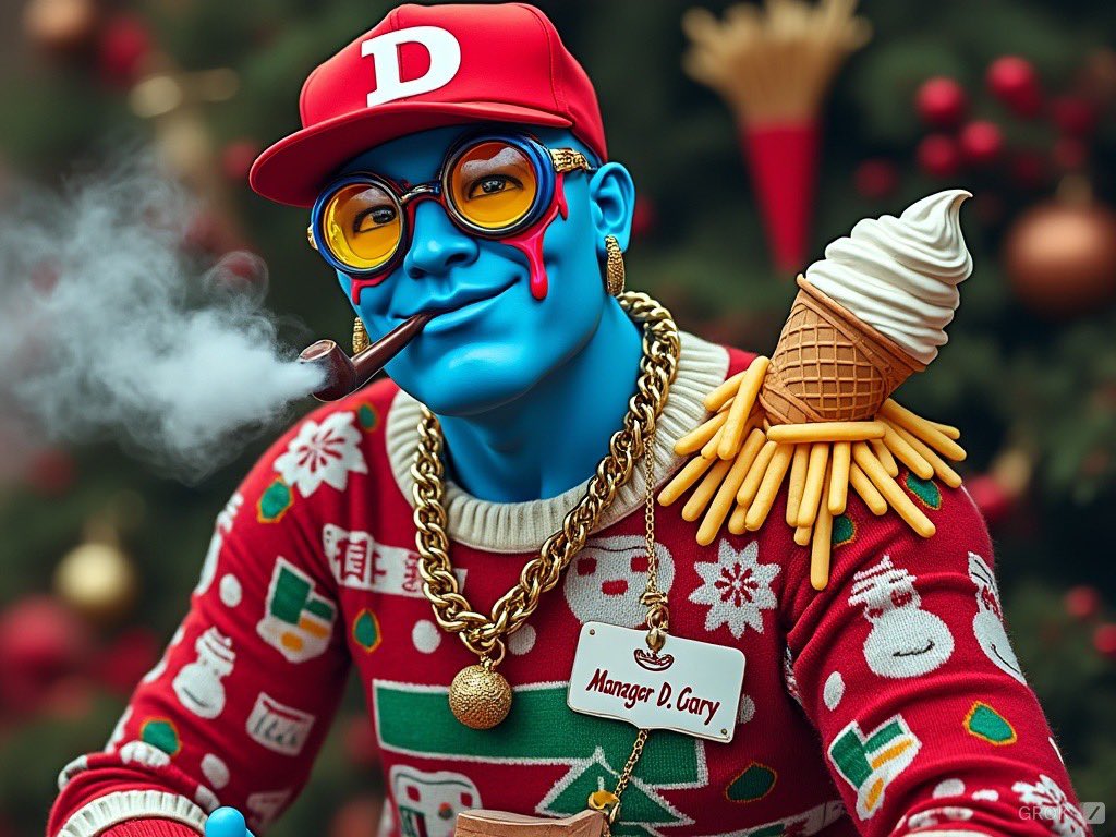 I asked Grok to put a Christmas sweater on my <a href="/DeGodsNFT/">DeGods</a> #pfp. Merry Christmas! 🍟🎄🍟🎄