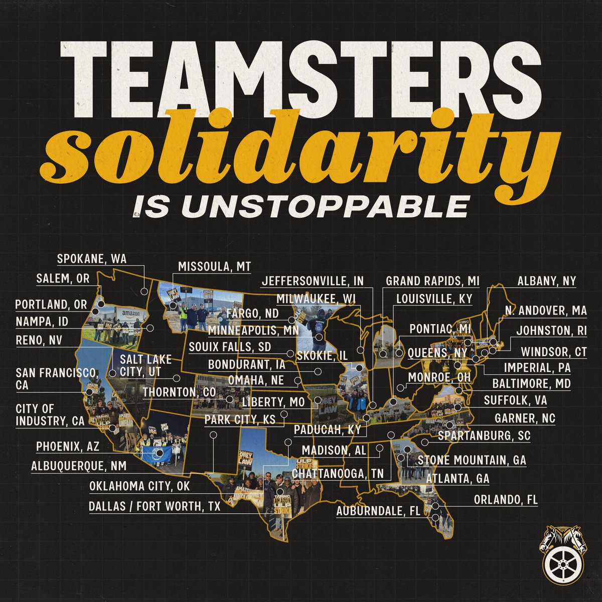 The widespread solidarity with Amazon Teamsters is unstoppable.

Over 200 Teamsters pickets at Amazon facilities nationwide have supported the thousands of Amazon Teamsters on strike.

The message is clear: Amazon must fulfill its legal obligations and bargain a fair contract