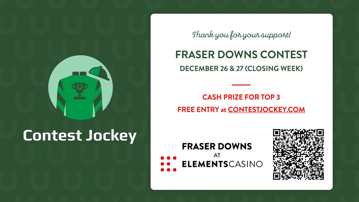 FraserDowns's tweet image. Online Handicapping Contest for Fraser Downs closing week! Free to play! @BCRacebook  @playcontests @InTheMoneyMedia 

contestjockey.com/contest/fraser…