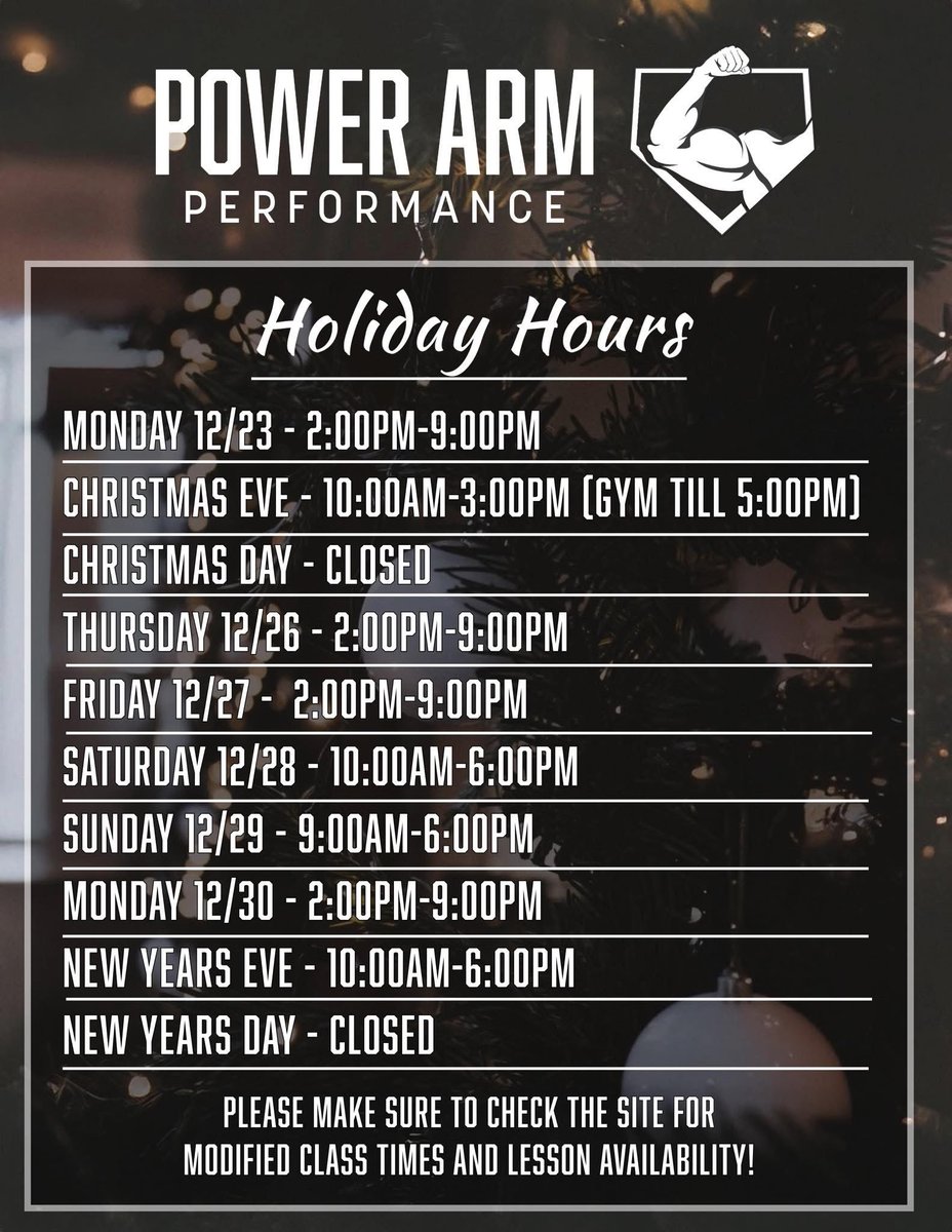 powerarm_nj's tweet photo. ๐๐ Holiday Hours ๐๐
-
Please be sure to check the site for modified class times and lesson availability!
#powerarmbsb๐ช๐ผ #powerarmperformance https://t.co/KbdIAB4LD9