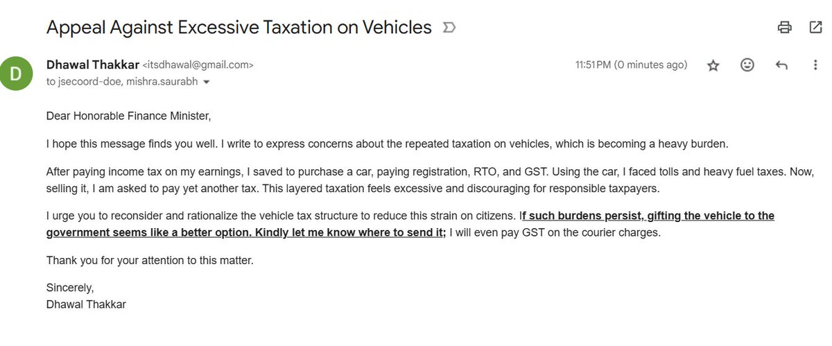 itsdhawal's tweet photo. @srinivasiyc Worked hard, earned a salary, paid income tax. Saved up, bought a car, paid registration, RTO, GST. Used it, paid tolls &amp; fuel taxes. Now, selling it? Another tax! Better I gift it to the govt—just tell me where to send it. I’ll even pay GST on courier.@nsitharaman
@PMOIndia https://t.co/MX8fKWu9Cy
