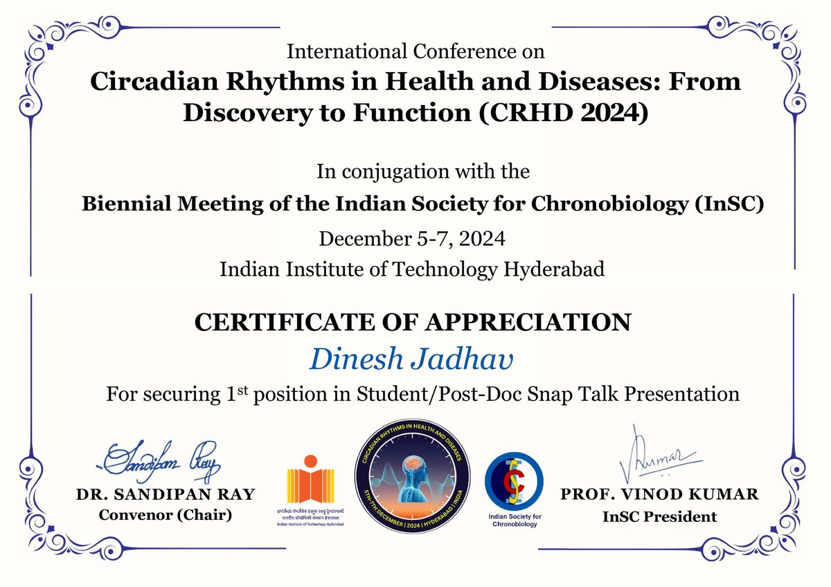 Dinesh B. Jadhav (@jdinesh525) on Twitter photo Privileged to deliver a snap talk based on #PhD #research at the #CRHD2024 <a href="/IITHyderabad/">IIT Hyderabad</a> held from December 5 to 7
Honored with 1st prize in the Snap Talk presentation
Thanks CHRD team for the opportunity present my research and forge future research collaboration
#proteomics Privileged to deliver a snap talk based on #PhD #research at the #CRHD2024 <a href="/IITHyderabad/">IIT Hyderabad</a> held from December 5 to 7
Honored with 1st prize in the Snap Talk presentation
Thanks CHRD team for the opportunity present my research and forge future research collaboration
#proteomics