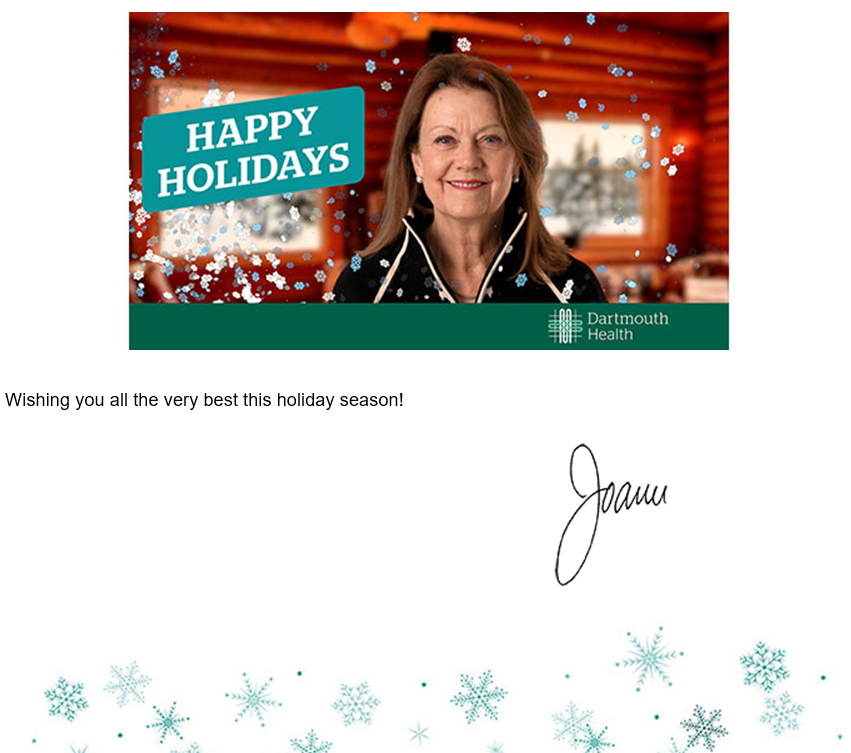 Joanne Conroy (@joanneconroymd) on Twitter photo As 2024 ends, I want to thank all <a href="/DartmouthHealth/">Dartmouth Health</a> staff for their hard work over the past year. I’m so proud of the way our teams care for our communities. Wishing you a #MerryChristmas, #HanukkahSameach, #JoyousKwanzaa, and all the happiness of the holidays! 🎄☃️❄️🎅🎁✡️🕯️ As 2024 ends, I want to thank all <a href="/DartmouthHealth/">Dartmouth Health</a> staff for their hard work over the past year. I’m so proud of the way our teams care for our communities. Wishing you a #MerryChristmas, #HanukkahSameach, #JoyousKwanzaa, and all the happiness of the holidays! 🎄☃️❄️🎅🎁✡️🕯️