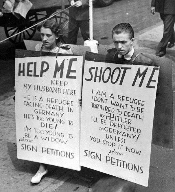 USA has refused to accept many refugees from Nazi Germany, admitting only 21,000 in last decade- fewer than most neutral countries. Jewish protesters beg not to be sent back to Hitler in 1936: