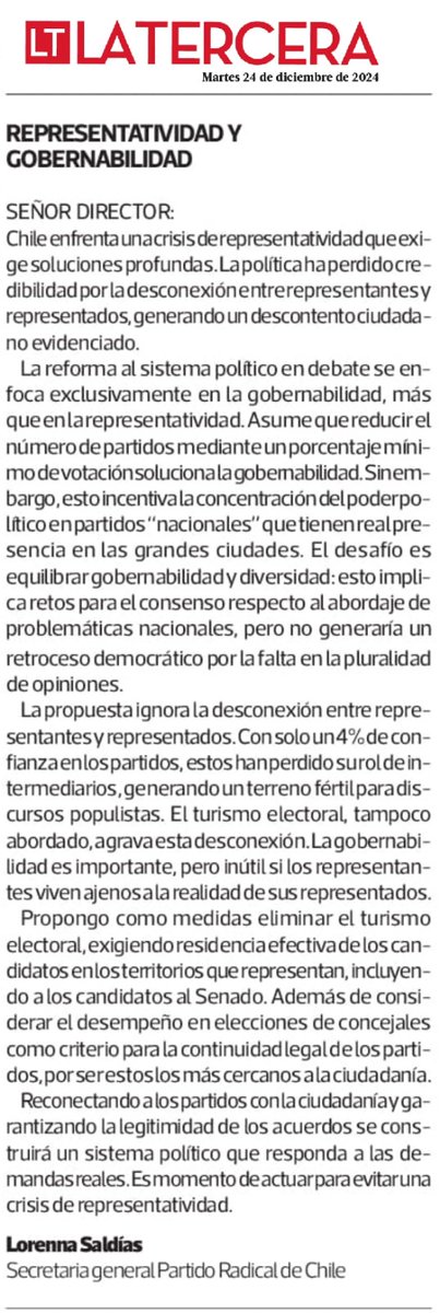 🤚📰 | HOY EN LA TERCERA: Representatividad y Gobernabilidad
Carta al Director de <a href="/LoreSaldiasYa/">Lorenna Saldías Yáñez.</a>

Chile enfrenta una profunda crisis de representatividad.

La gobernabilidad es importante, pero carece de sentido si los representantes están ajenos a las necesidades reales
 ✊