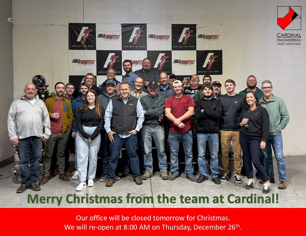 The Cardinal Engineering offices will be closed tomorrow, December 25th.  Offices will re-open on Thursday at 8 AM.