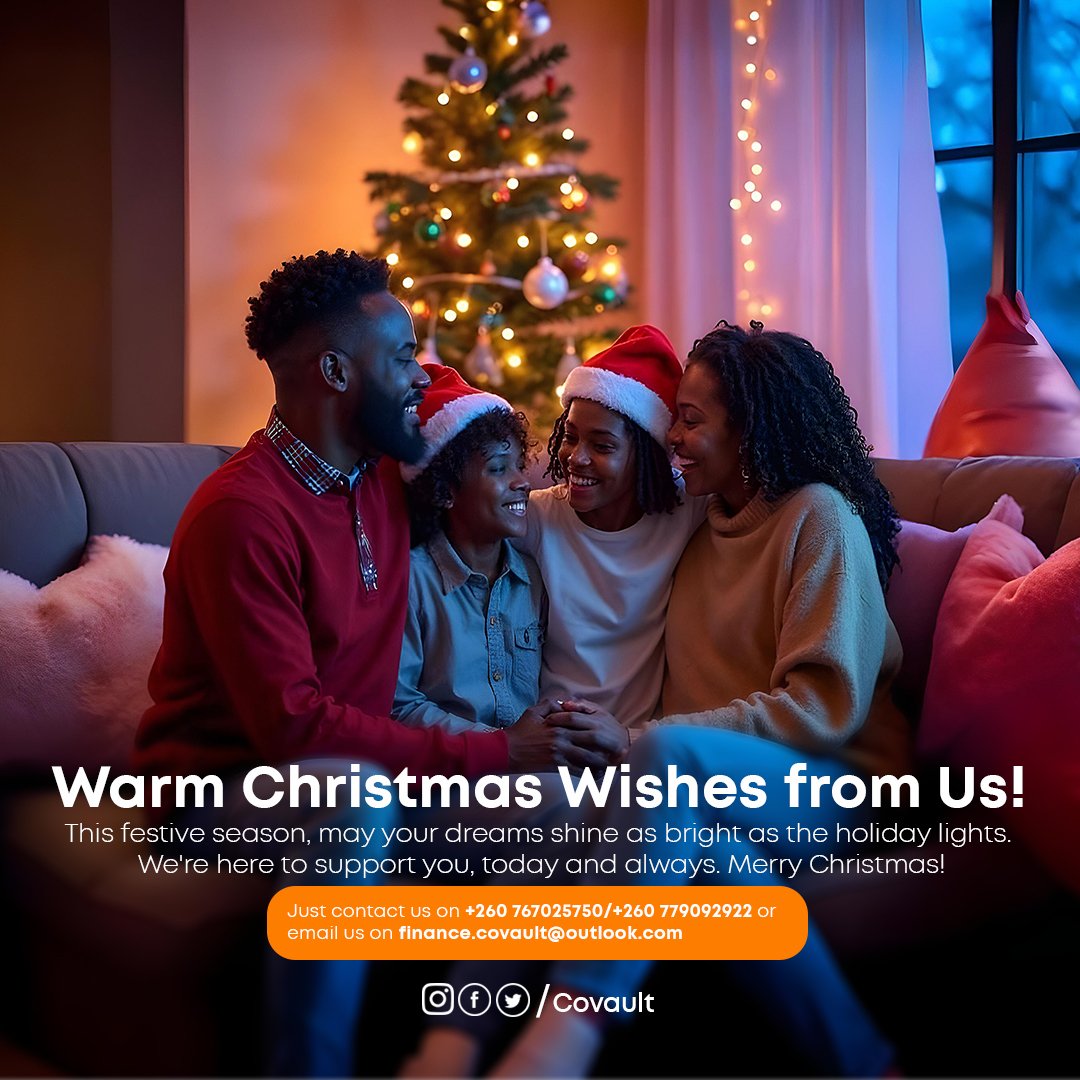 Covault_Zambia's tweet image. 🎄 Warm Christmas Wishes from Covault! ✨  
This festive season, let your dreams shine as bright as the holiday lights. We're here to support you, today and always.  

📞 +260 767025750 / +260 779092922  
📧 finance.covault@outlook.com  

Merry Christmas! 🌟  
#Covault