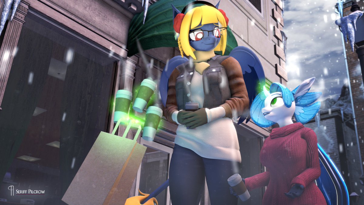 SeriffP's tweet photo. Lacuna takes @BluesliverI's Pietas Lazuli out on a stroll in Canterlot, taking care to order more hot lattes than usual for her desert-adapted sphinx compadre. Happy birthday and Merry Christmas, Blue! https://t.co/bUx0ZaghJA