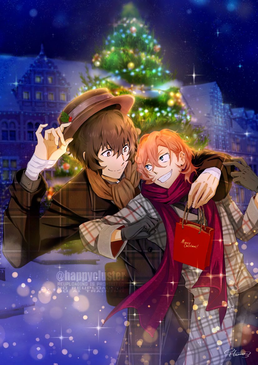 happycluster's tweet photo. 「お待たせ～待った？ハイこれ🎁」
「んだよっ！離せ！あっ手前、帽子取んなよ」
「ほら、私も似合うかい？☺️」　
去年の🎄でキラキラ✨しとこう太中😁ｗ https://t.co/DT0VQzRiH1