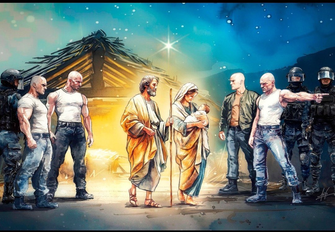 Mira la imagen. Si últimamente has sentido más simpatía por los cabezas rapadas que por la pareja y el bebé del centro, deberías reflexionar sobre qué futuro defiendes para este 🌍 cuando te crees los bulos de los salvapatrias de banderas. Buenas noches. (Y cristianos no sois).
