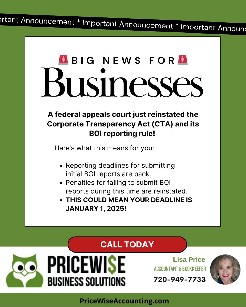 PricewiseLisa's tweet photo. The federal appeals court has reinstated the Corporate Transparency Act (CTA) Beneficial Owner of Interest (BOI) reporting requirement for businesses.
#CTA #BOI #FinCEN #Pricewise #SmallBusiness #Brighton #FileNOW #CorporateTransparancyAct #BeneficialOwnerofInterest #BigPenalties https://t.co/E1uqOYfWrd