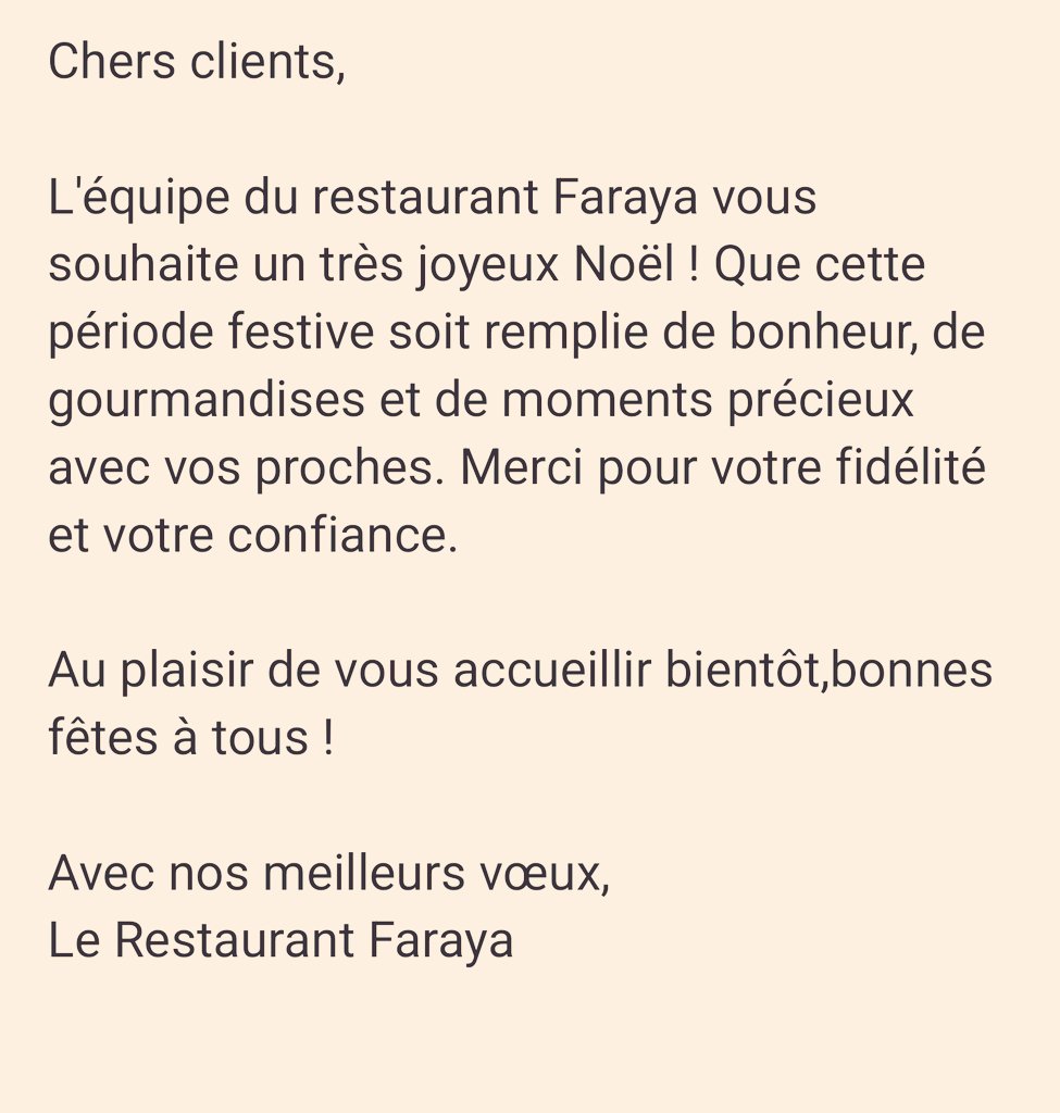 FWemmel's tweet photo. Bonnes fêtes à tous !Nos meilleurs vœux,
Le Restaurant Faraya https://t.co/J3zvl0L6Sw