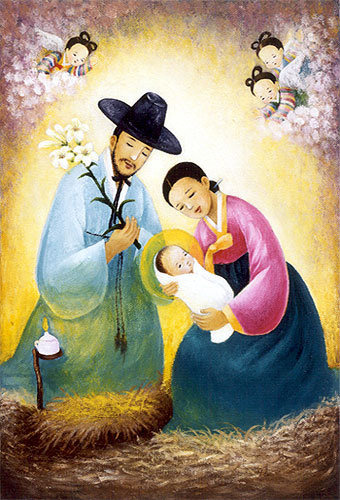 "The Holy Family" by Korean Catholic artist Shim Soon-hwa. All figures in the painting are wearing traditional Korean clothing.