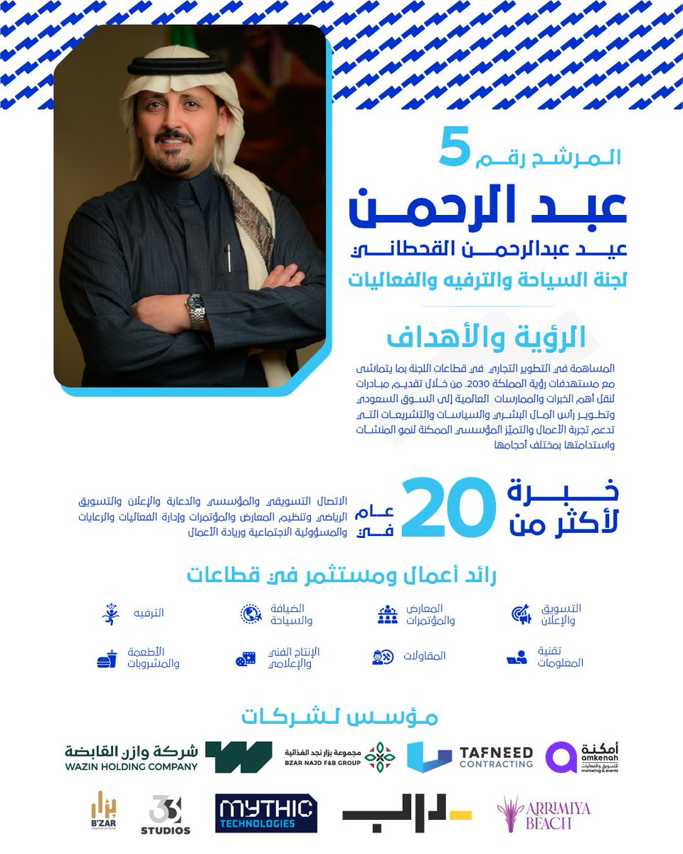#صوتكم_قرار ، هو شراكتنا لصنع فرقٍ حقيقي، لأساهم في تطوير ودعم تجربة الأعمال والتميز المؤسسي، وتمكين التجار والمنشآت في قطاعات السياحه والترفيه والفعاليات.
#غرفة_الرياض I #صوت_أعمالك