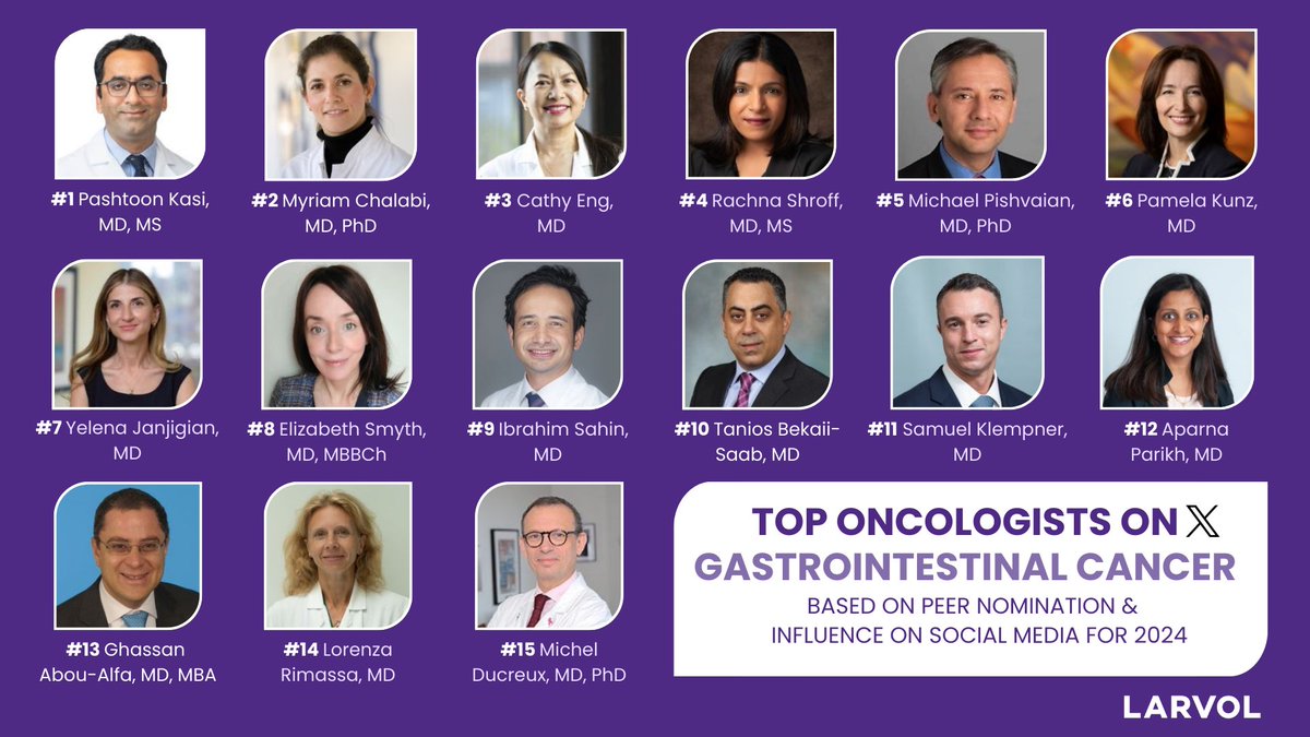 Meet the 2024 Top Oncologists on X for Gastrointestinal (GI) Cancer! Ranked based on peer nomination and influence on social media, these oncology leaders are advancing the fight against GI cancer.

#LARVOL #GICancer #CancerResearch #Oncology #OncologyInsights #CancerData