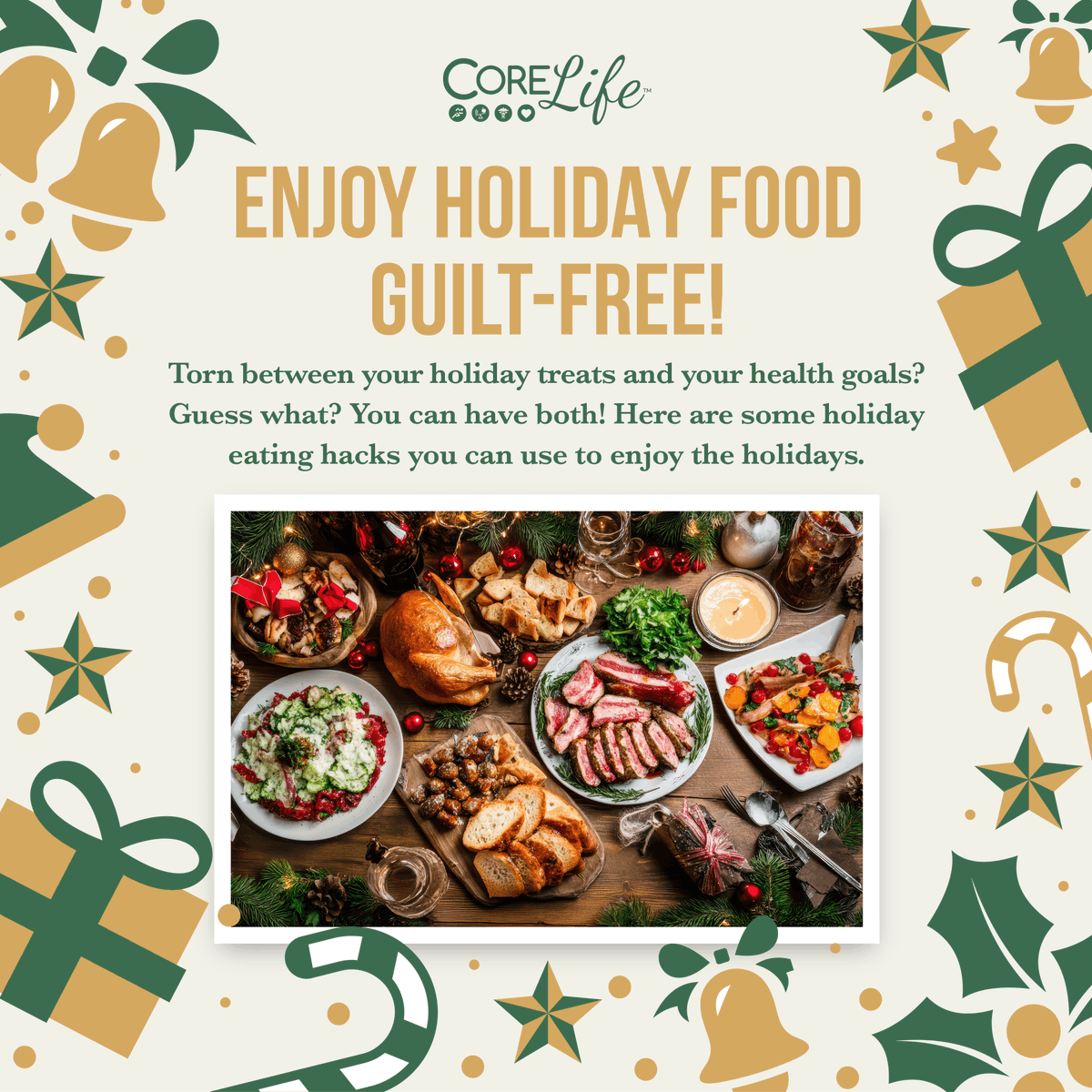 CoreLifeMD's tweet image. 🎄 Don’t let holiday eating stress you out!

✅ Small plates = balanced portions
✅ Choose your favorites and savor every bite
✅ Fill half the plate with veggies &amp;amp; drink water in between bites

Visit corelifemd.com for more holiday hacks.

#HolidayHacks #CoreLife 💚