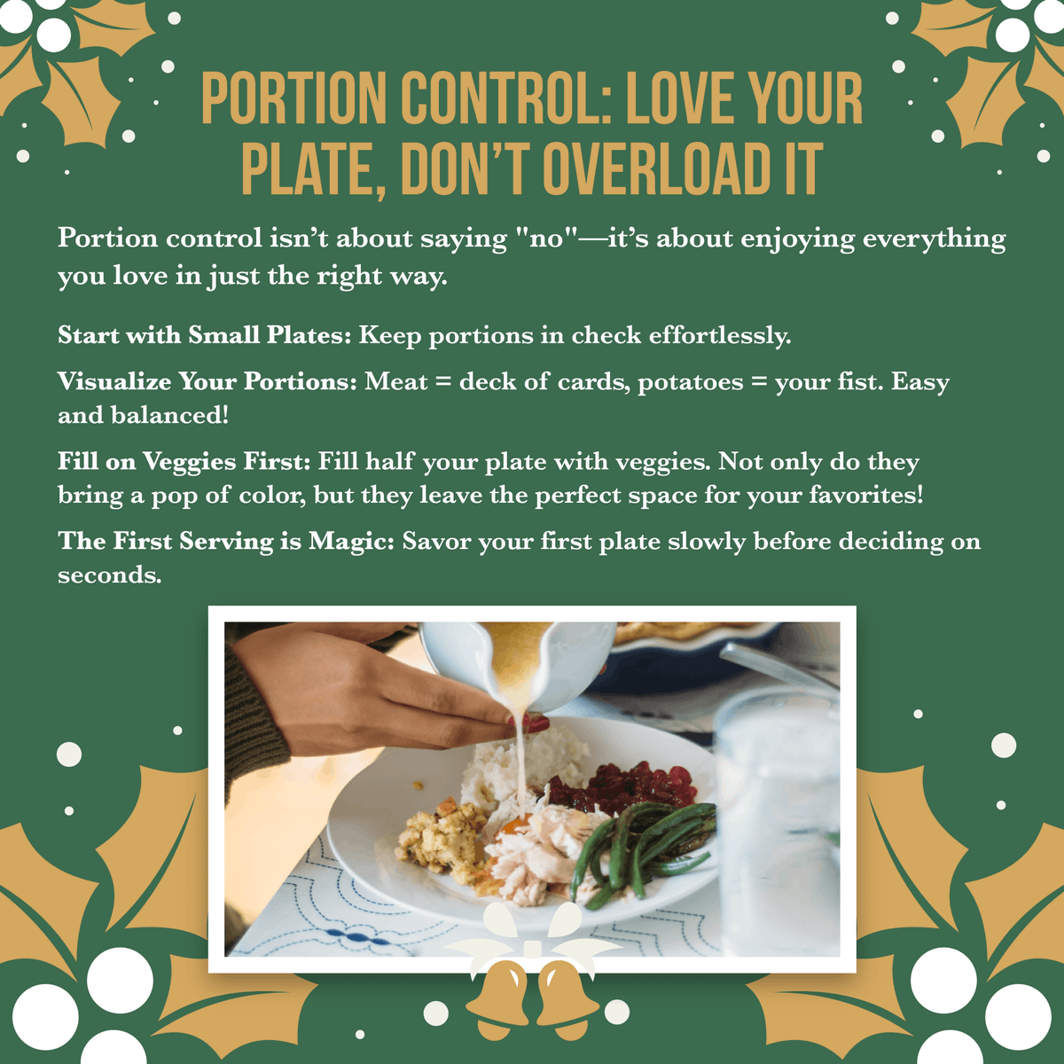 CoreLifeMD's tweet image. 🎄 Don’t let holiday eating stress you out!

✅ Small plates = balanced portions
✅ Choose your favorites and savor every bite
✅ Fill half the plate with veggies &amp;amp; drink water in between bites

Visit corelifemd.com for more holiday hacks.

#HolidayHacks #CoreLife 💚