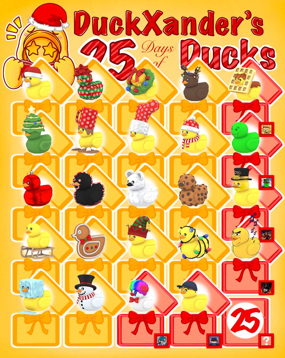 DuckXander's tweet image. Day 24 of the DuckXander Advent Calendar 🎀🎅

It&apos;s December 24th which means the twenty-fourth gift has been opened! Today&apos;s free limited item is the Reece Duck in collaboration with @RandomReecee ! 🦆😎

Join the Discord server for more information:
discord.gg/duckxander-106…