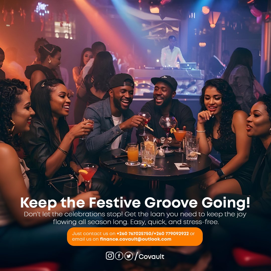 Covault_Zambia's tweet image. 🎉 Keep the Festive Groove Going! 🎉

Need extra cash to keep the celebrations alive? Covault's quick &amp;amp; easy loans have you covered. Fast approval, stress-free!

📞 Call: +260 767025750 / +260 779092922
📧 Email: finance.covault@outlook.com

#FestiveLoans #Covault #Celebrate