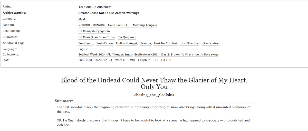 gladiolus_cwa's tweet photo. "Blood of the Undead Could Never Thaw the Glacier of My Heart, Only You" is out now!🍖🍃
Written for Beefleaf Week Day 2: First Snow
I know I'm super late but I hope you'll enjoy this!
#天官赐福 #beefleaf #双玄 #TGCF #beefleafweek2024
https://t.co/nVRQl7pBs0 https://t.co/7uIuE4PB7H