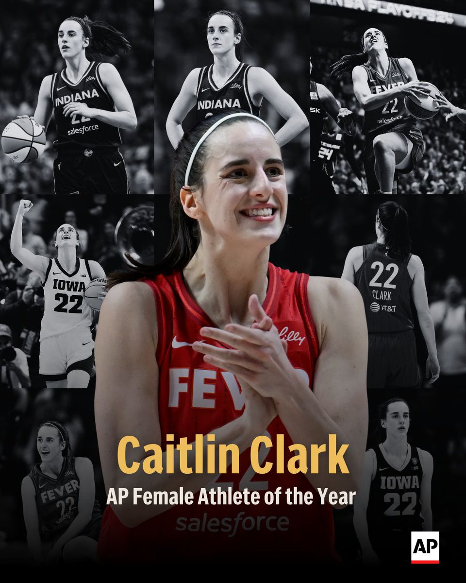 AP's tweet photo. Caitlin Clark honored as AP Female Athlete of the Year following her impact on women's sports https://t.co/7SRkKHyhHf https://t.co/WX3xHApjxv