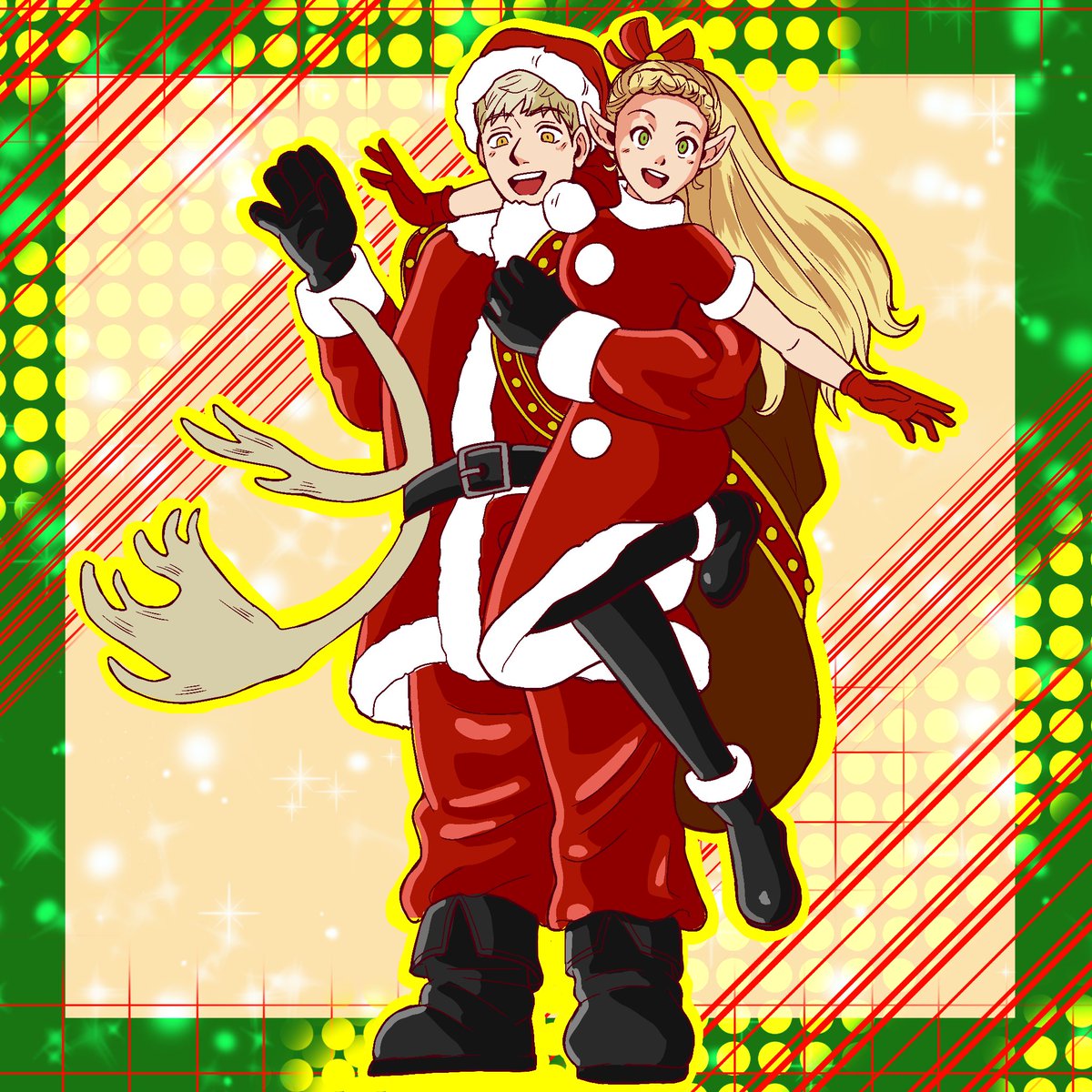 Sagutxis's tweet photo. Merry Christmas!🎁🎄
Sending Christmas cheer from Santa and his elf helper!🎄🎁
#laicille #dungeonmeshi #ダンジョン飯 https://t.co/TybGwiKXMV