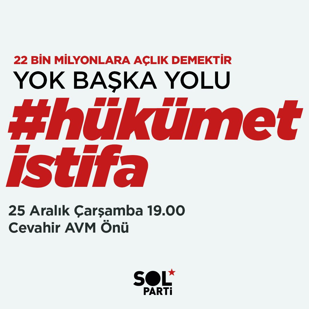Artık yeter! 
22.104 lira açlık ücretini kabul etmiyoruz

Yok başka yolu #hükümetistifa

🗓️ 25 Aralık Çarşamba | 19.00
📍 Cevahir AVM önü (Mecidiyeköy)
<a href="/solpartistanbul/">SOL Parti İstanbul</a>