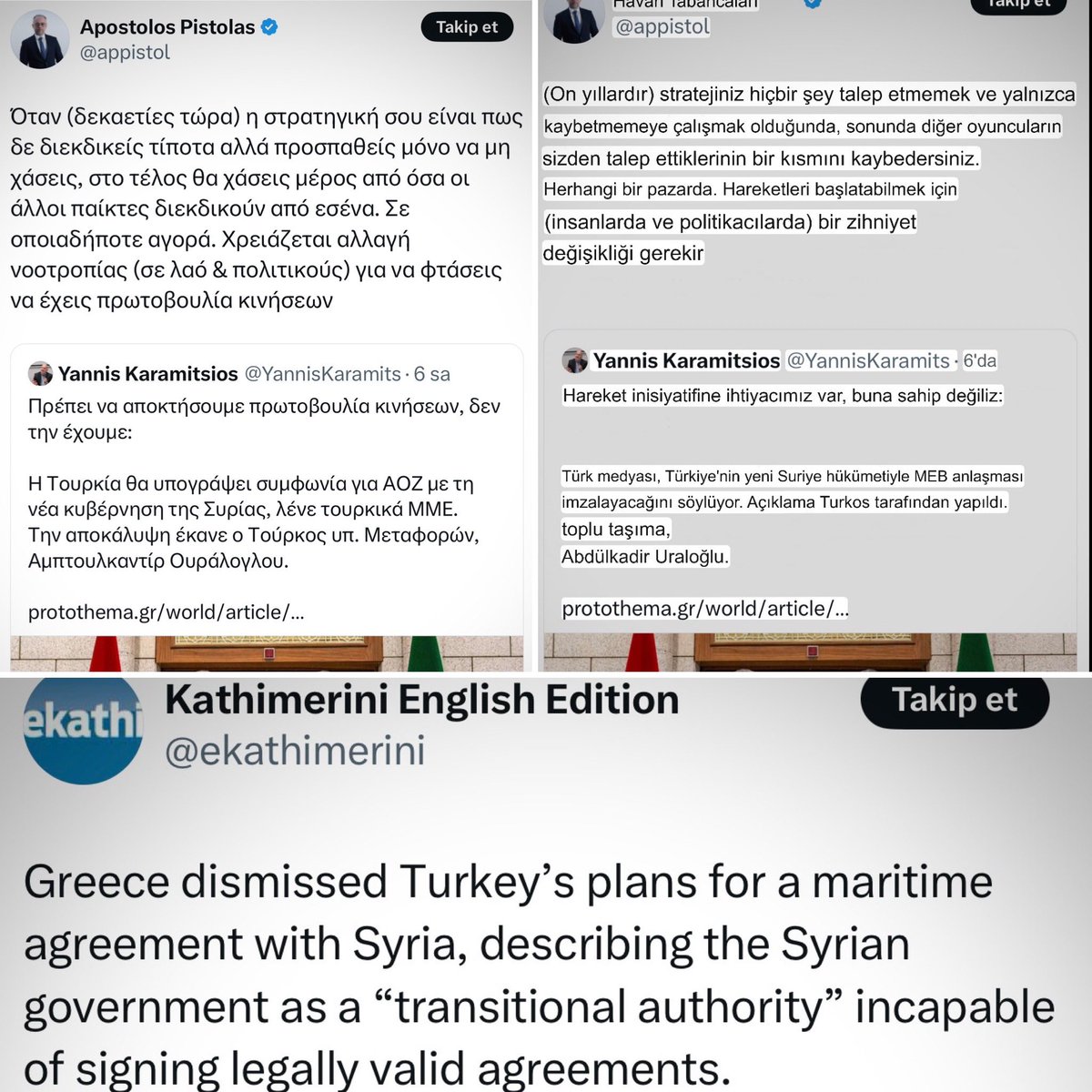 MustafaB49's tweet photo. Ulaştırma ve Altyapı Bakanı Abdülkadir Uraloğlu hiç eğip bükmeden söyledi:

— Suriye ile deniz yetki alanı anlaşması yapacağız.

Bu cümle tüm Yunanistan’ı çalkalamaya yetti. Libya ile yaptığımız anlaşma dengelerini şaşırtmıştı.

Suriye’yi duyan 🇬🇷’da panik tavan yapmış durumda.👇🏽 https://t.co/aYuDV2KQlJ