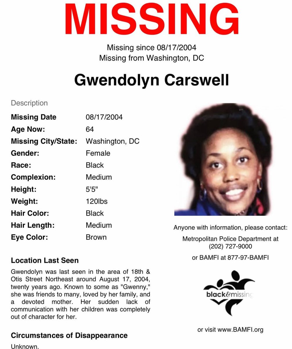 BAM_FI's tweet photo. #ColdCase: Missing for 20 Years 

#Washington, #DC: Then 44y/o #GwendolynCarswell was last seen in the area of 18th &amp; Otis St NE around Aug 17, 2004. Known to some as Gwenny, she was friends to many, loved by her family &amp; a devoted mother. https://t.co/OSYe8to776