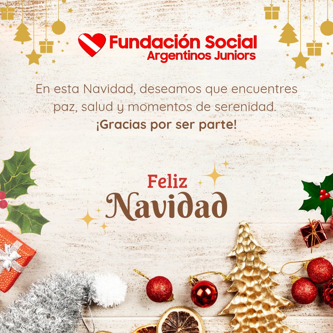 FundacionAAAJ's tweet photo. "¡Feliz Navidad! Gracias a los socios e hinchas de Argentinos Juniors por su apoyo y compromiso, que nos hace crecer juntos. Que esta noche esté llena de amor, alegría y grandes momentos. ❤️🎄
#ArgentinosJuniors #FelizNavidad #AAAJ #Navidad2024" https://t.co/DfKV73sqQO