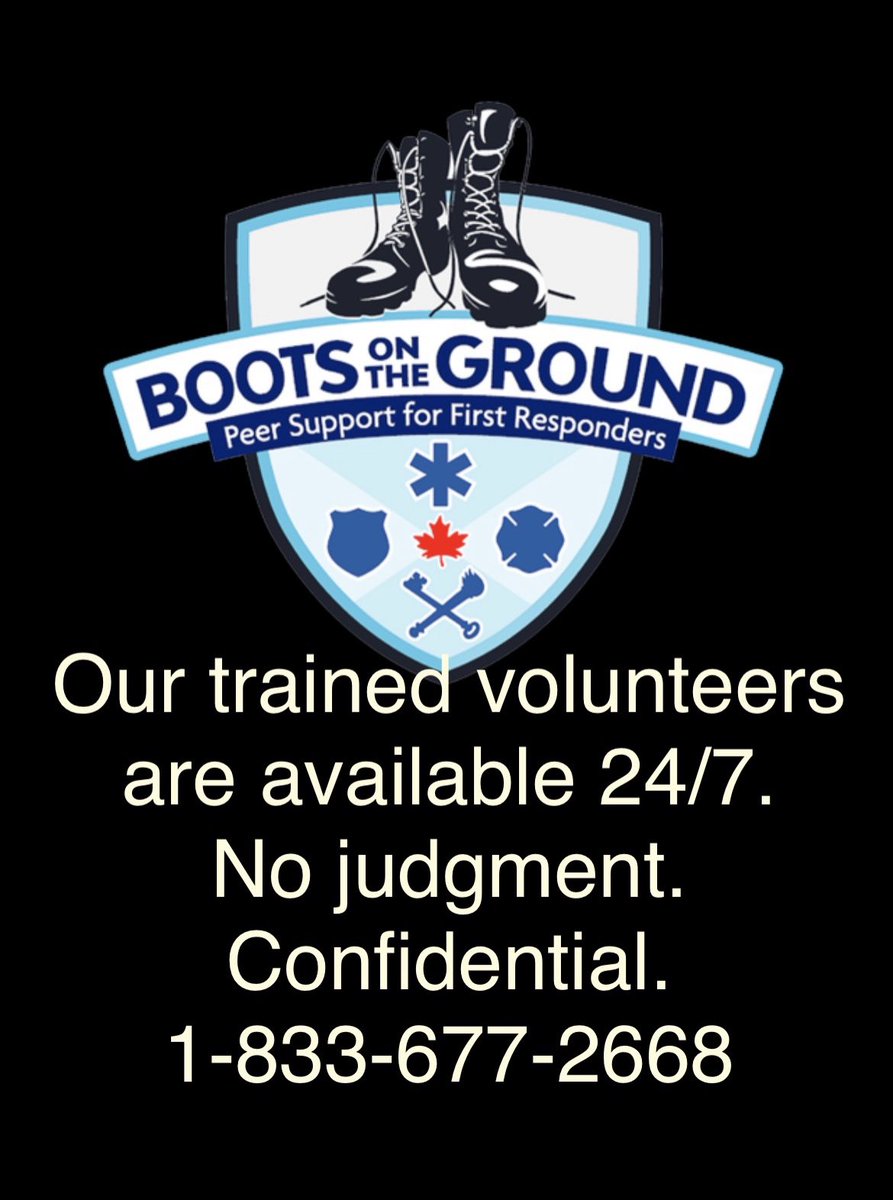 Boots On The Ground (@bootsotground) on Twitter photo Boots On The Ground is a 24/7 anonymous helpline where First Responders can talk to someone 
who’s been through it. No call display. No judgement. 
If you're a First Responder considering support, make us your first call.
1-833-677-2668 or learn more at BootsOnTheGround.ca Boots On The Ground is a 24/7 anonymous helpline where First Responders can talk to someone 
who’s been through it. No call display. No judgement. 
If you're a First Responder considering support, make us your first call.
1-833-677-2668 or learn more at BootsOnTheGround.ca