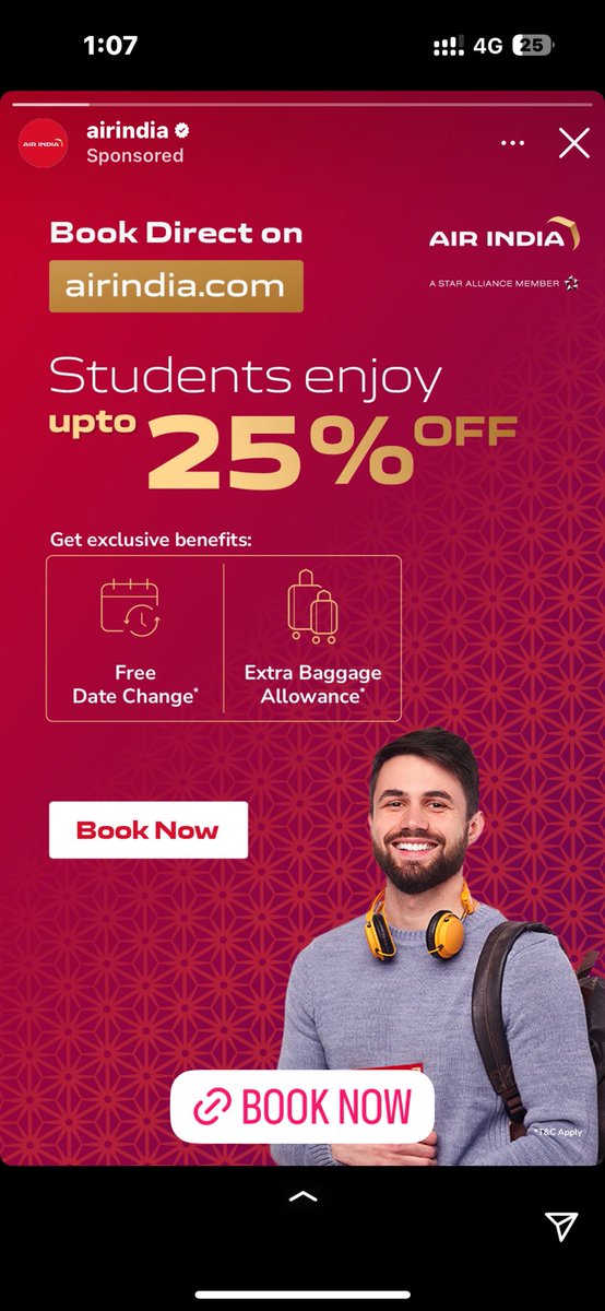 harshvir9985's tweet photo. Hi @airindia, I’m a student studying in Singapore and interested in booking a flight. I heard students get 25% off on tickets—can you please share more details about the offer and how I can avail it? Thanks! https://t.co/ZMH6KmucSK