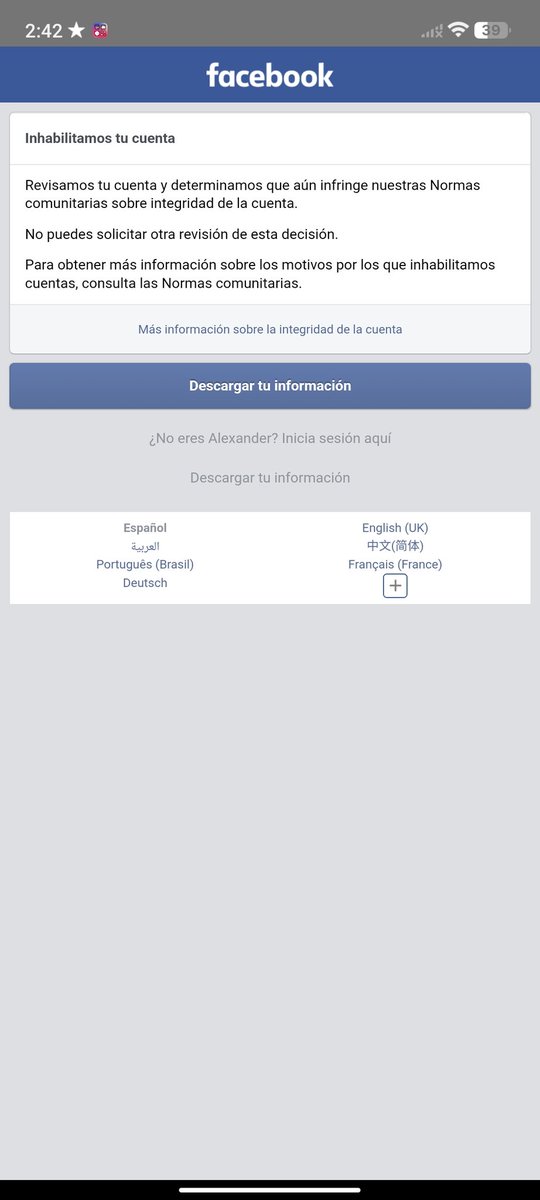 AngeloJaimes5's tweet photo. Una pregunta, desde el bloqueo masivos de cuentas alguien ha podido recuperar su cuenta de facebook, Instagram o WhatsApp?

Porque yo no 🥲 (hasta mi cuenta secundaria la inhabilitaron y he intentado y nada de que he podido recuperarla)
#MetaResponde #MetaDown #Meta #Facebook https://t.co/GUi1wHBhIb