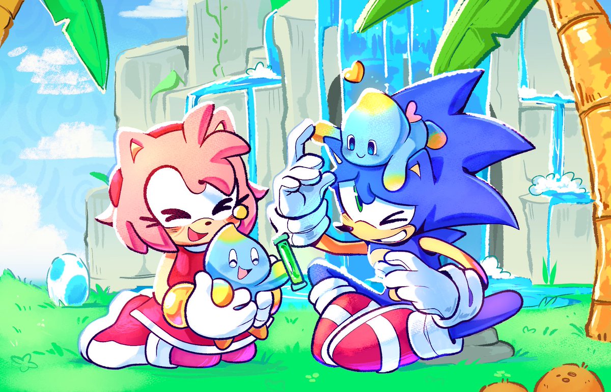 Sonic and Amy hanging out in the good old Chao Garden 🩷🌱