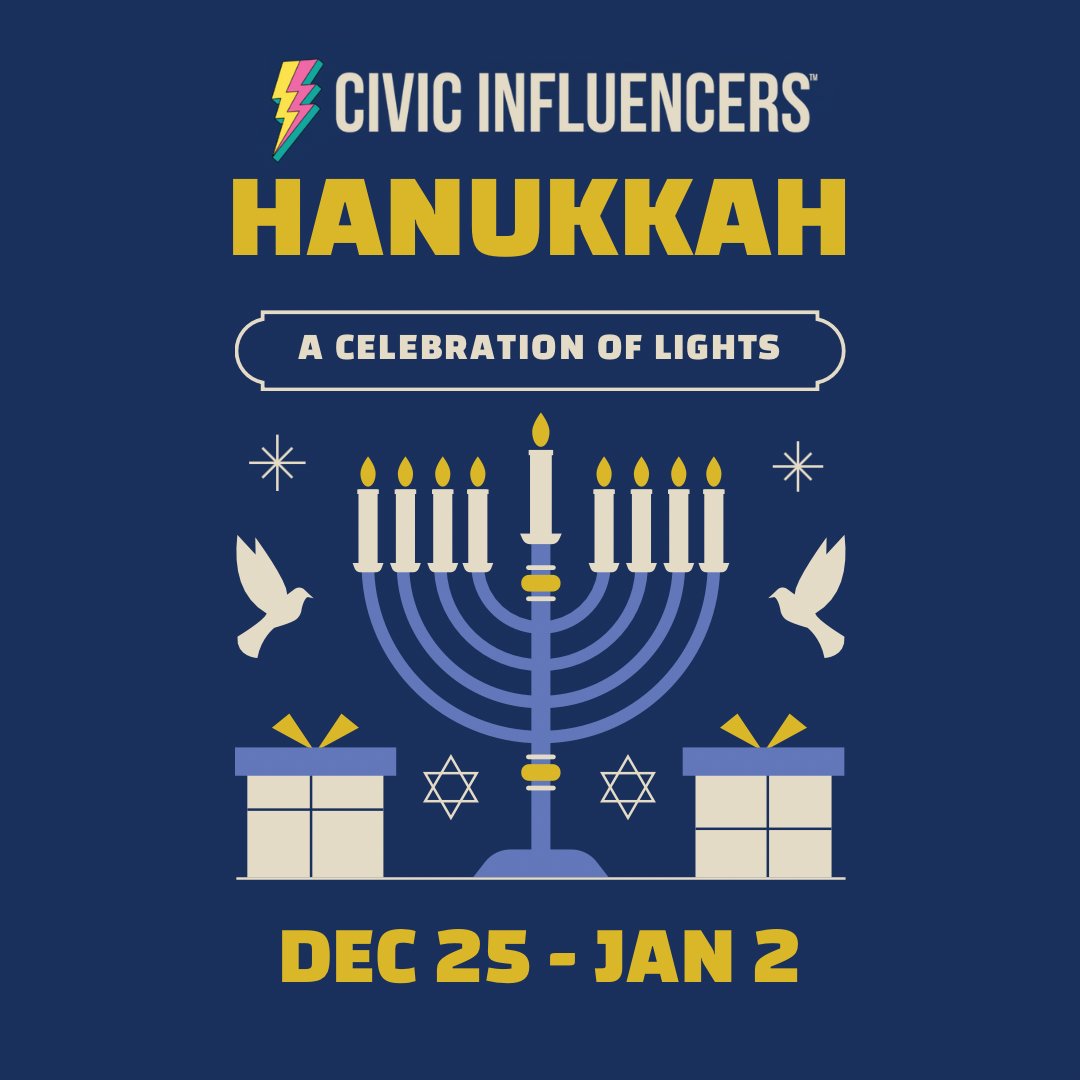 Happy #Hanukkah from Civic Influencers✨🕎 This season, let's celebrate the power of community, resilience, and the light that each of us brings to the fight for a stronger democracy. As we light the menorah, may we also ignite hope, unity, and action for a brighter future.