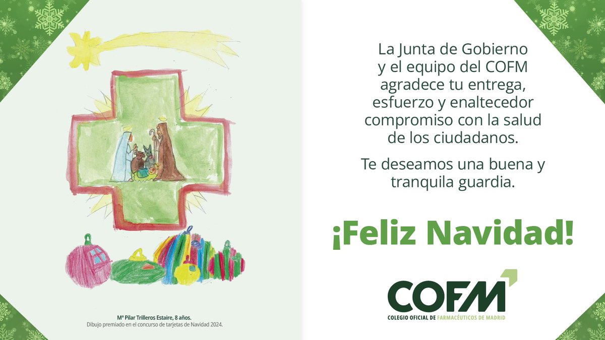 Desde la Junta de Gobierno y el equipo del #COFM queremos felicitar a todos los compañeros que están  de guardia esta noche. Gracias por vuestro esfuerzo y compromiso con la salud 💚de los ciudadanos. Te deseamos una guardia tranquila. ¡Feliz Navidad!